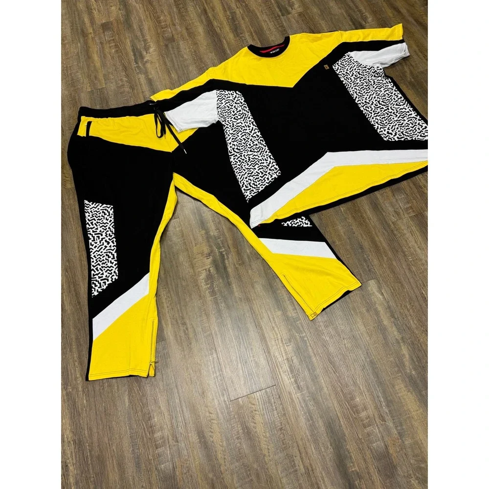 Makobi‎ Mens 6XB Yellow Black Geometric Colorblock T-Shirt and Joggers Set MS555